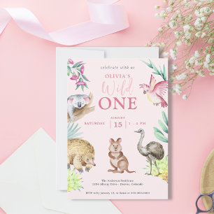 Pink Wild One Cute Animal Child's 1st Birthday I Kaart