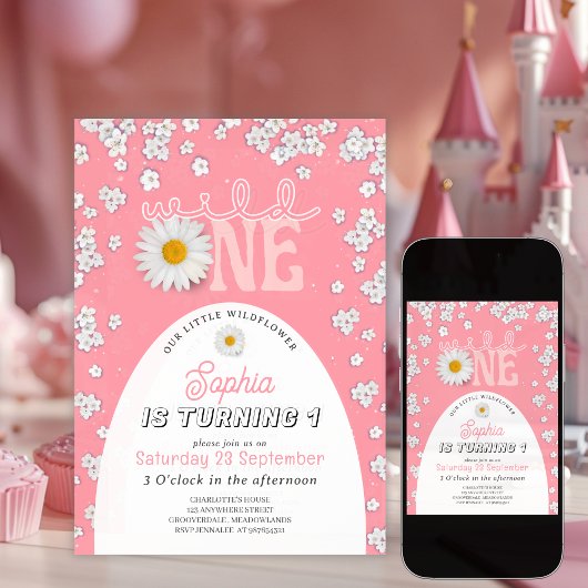 Pink Wild One Daisy 1st Birthday Invitation Kaart