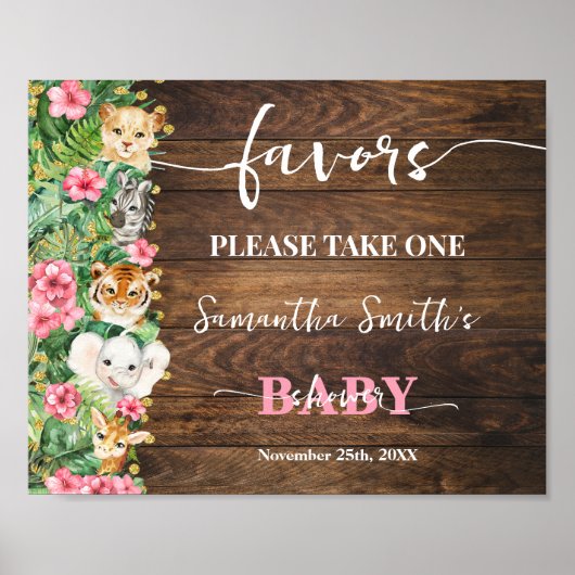 Pink Wild Rustic Safari Animals Favors Baby Shower Poster (Voorkant)