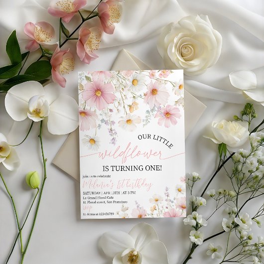 Pink Wildflower 1st Birthday Invitation Kaart