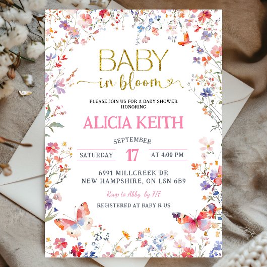 Pink Wildflower Baby in Bloom Baby Shower Kaart