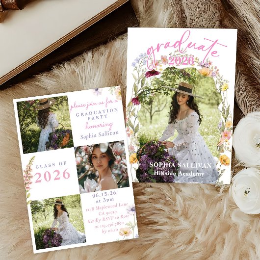 Pink Wildflower Bloom Graduation Party Invitation Kaart