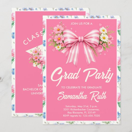 Pink Wildflower Bow Graduation Party  Kaart (Voorkant / Achterkant)