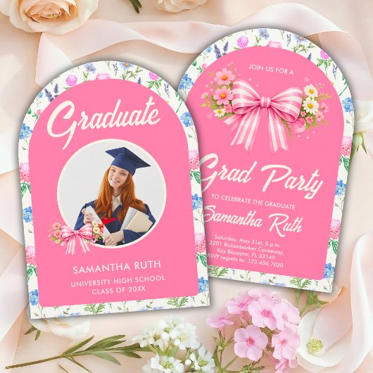 Pink Wildflower Bow Photo Graduation Party Kaart