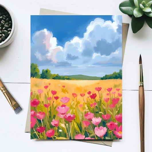 Pink Wildflower Field Floral Watercolor Card