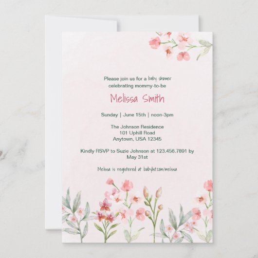 Pink Wildflower Garden Baby shower Uitnodiging (Voorkant)