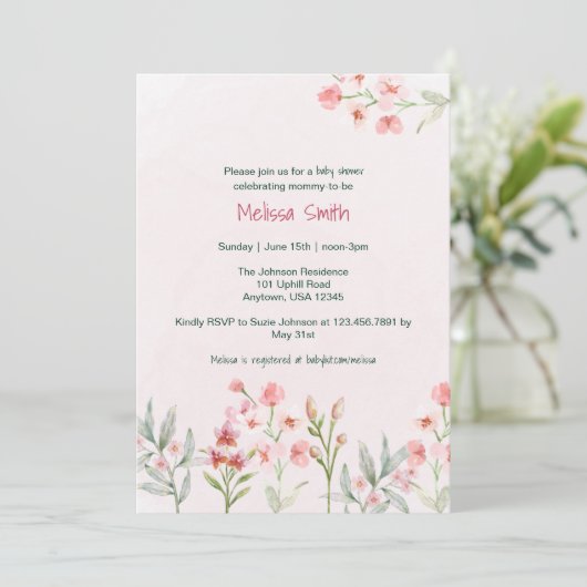 Pink Wildflower Garden Baby shower Uitnodiging (Staand voorkant)