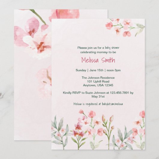 Pink Wildflower Garden Baby shower Uitnodiging (Voorkant / Achterkant)