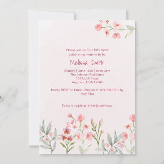 Pink Wildflower Garden Baby shower Uitnodiging (Voorkant)