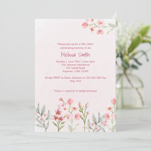 Pink Wildflower Garden Baby shower Uitnodiging (Staand voorkant)