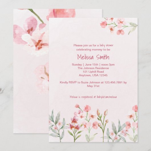 Pink Wildflower Garden Baby shower Uitnodiging (Voorkant / Achterkant)