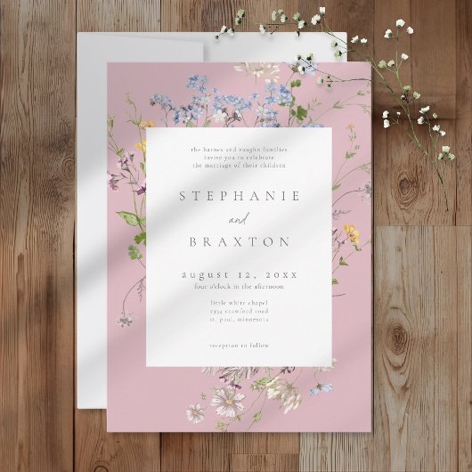 Pink Wildflower Garden Elegant Wedding Kaart