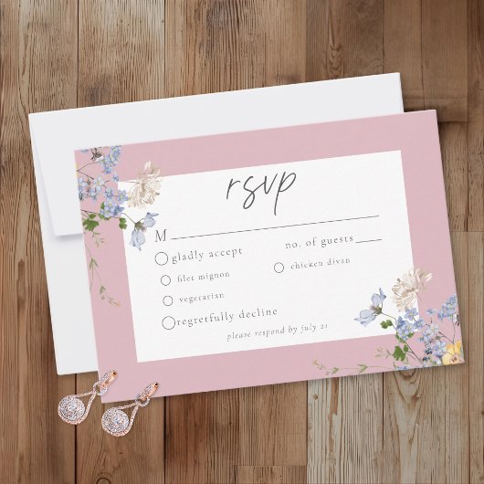 Pink Wildflower Garden Elegant Wedding RSVP Kaartje
