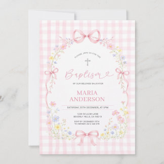 Pink WILDFLOWER Gingham Floral Baptism Invitation Kaart