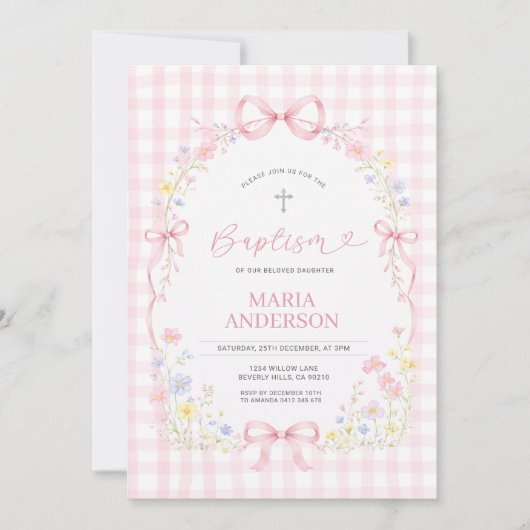 Pink WILDFLOWER Gingham Floral Baptism Invitation Kaart (Voorkant)