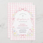 Pink WILDFLOWER Gingham Floral Baptism Invitation Kaart (Voorkant / Achterkant)