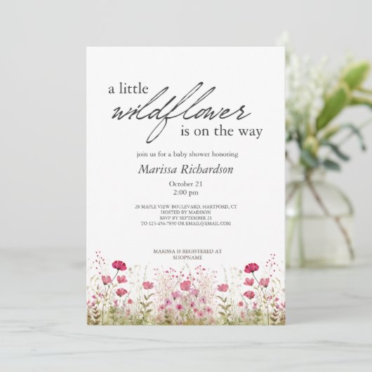 Pink Wildflower Girl Baby shower Uitnodiging (Staand voorkant)