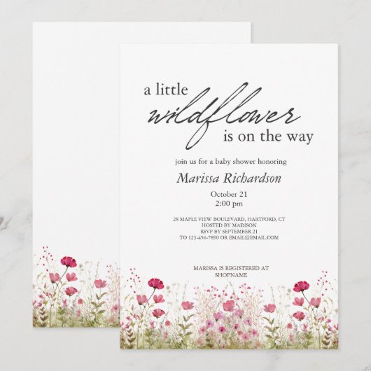 Pink Wildflower Girl Baby shower Uitnodiging (Voorkant / Achterkant)