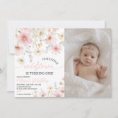 Pink Wildflower Photo 1st Birthday Invite Kaart (Voorkant)