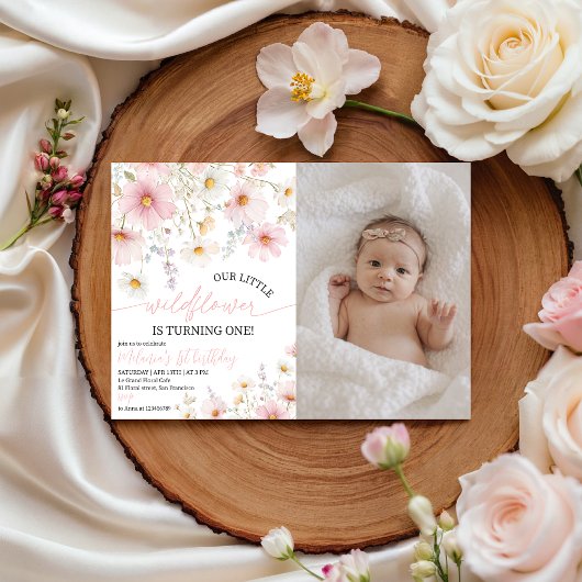 Pink Wildflower Photo 1st Birthday Invite Kaart