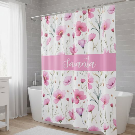 Pink Wildflower Watercolor Custom Name Douchegordijn