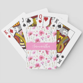 Pink Wildflower Watercolor Custom Name Pokerkaarten