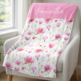 Pink Wildflower Watercolor Name Fleece Deken