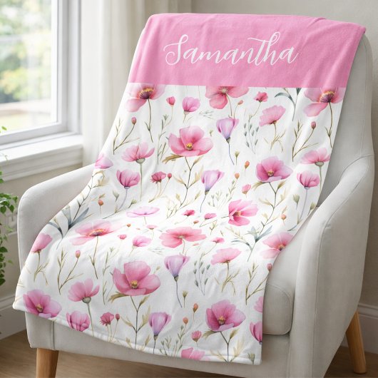 Pink Wildflower Watercolor Name Fleece Deken