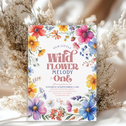 Pink Wildflower Wild One 1st birthday Invitation Kaart
