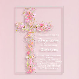 pink wildflowers cross Baptism Invitation Acryl Uitnodigingen