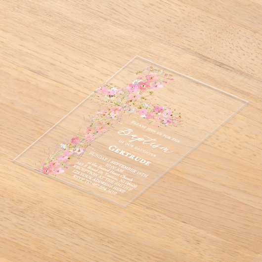 pink wildflowers cross Baptism Invitation Acryl Uitnodigingen (Laagn)