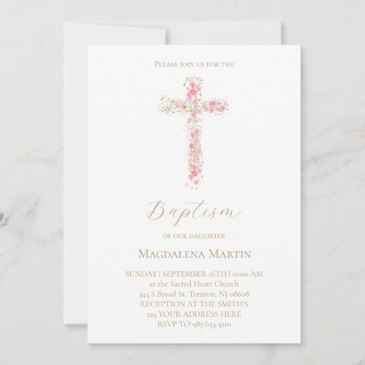 pink wildflowers cross | Baptism Invitation Kaart (Voorkant)