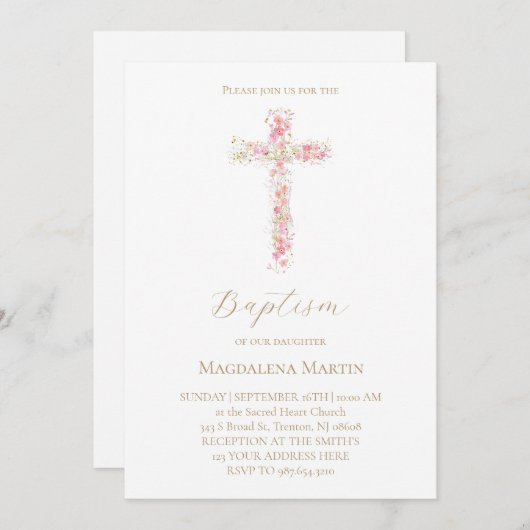 pink wildflowers cross | Baptism Invitation Kaart (Voorkant / Achterkant)
