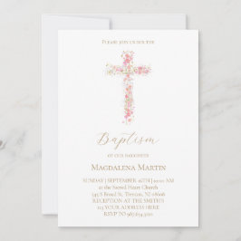 pink wildflowers cross | Baptism Invitation Kaart