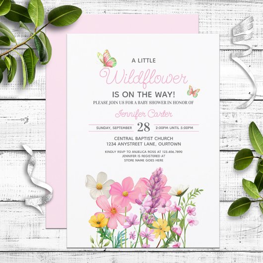 Pink Wildflowers Theme Baby shower Kaart