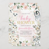 Pink Winter Arctic Animals Baby shower Kaart (Voorkant / Achterkant)