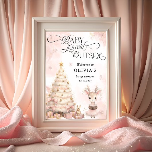 Pink Winter Baby Deer Baby shower Welkom Poster