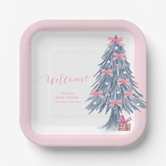 Pink Winter Bow Christmas Tree Baby Shower Welcome Papieren Bordje (Voorkant)