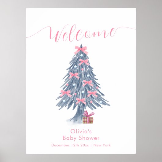 Pink Winter Bow Christmas Tree Baby Shower Welcome Poster (Voorkant)