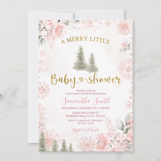 Pink Winter Christmas A Merry Little Baby Shower Kaart (Voorkant)