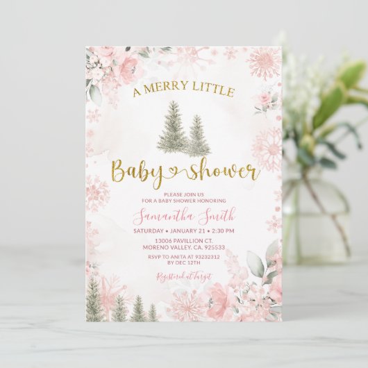 Pink Winter Christmas A Merry Little Baby Shower Kaart (Staand voorkant)