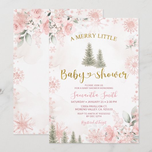 Pink Winter Christmas A Merry Little Baby Shower Kaart (Voorkant / Achterkant)
