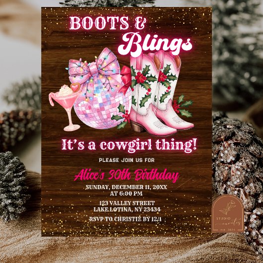 Pink Winter Christmas Boots and Blings Birthday Kaart