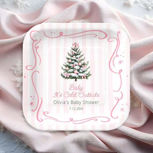 Pink Winter Christmas Tree Baby Shower Papieren Bordje