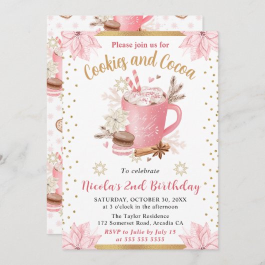 Pink Winter Cookies & Cocoa Birthday Party Kaart (Voorkant / Achterkant)