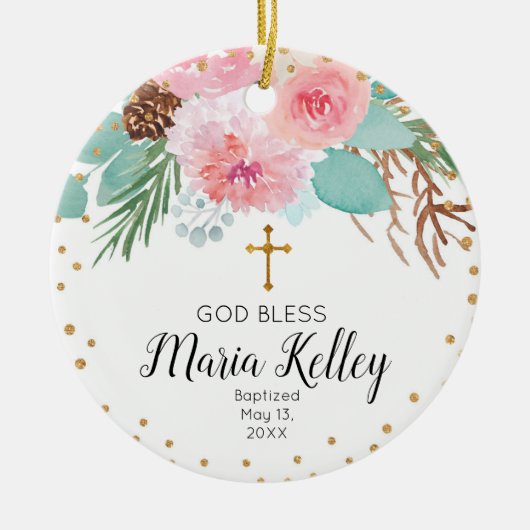 Pink Winter Floral Personalized Girl Baptisme Keramisch Ornament (Voorkant)