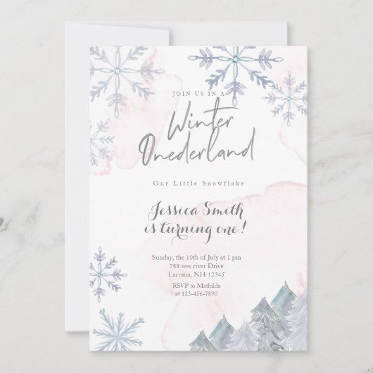 Pink Winter Onederland 1e verjaardag uitnodiging (Voorkant)