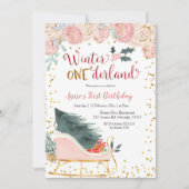 Pink Winter Onederland Sleigh verjaardagsuitnodigi Kaart (Voorkant)