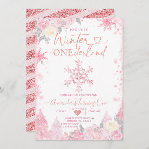 Pink Winter Onederland Snowflake 1e verjaardag Kaart