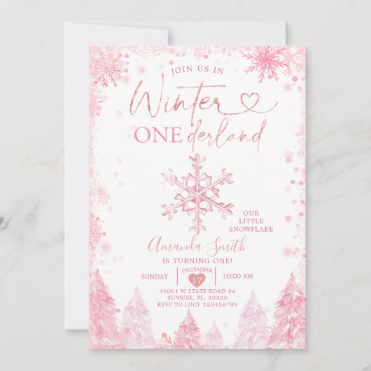 Pink Winter Onederland Snowflake 1e verjaardag Kaart (Voorkant)